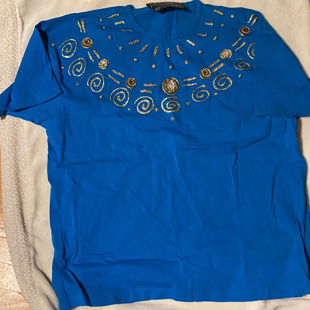 Vintage Apparel Limited Embellished Blue Short Sleeve Top with Gold Accents